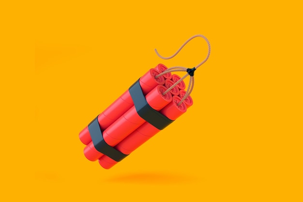 Foto un paquete de palos de dinamita roja tnt con mecha sobre fondo amarillo suministros explosivos renderización en 3d