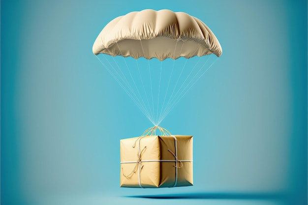 Paquete con paracaídas Paquete con pedido fondo azul Ilustración digital AI