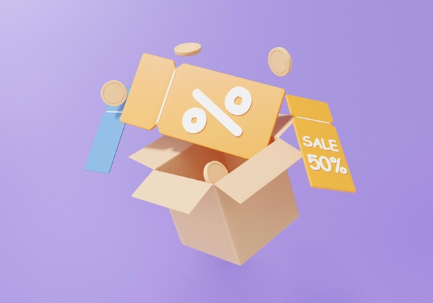 paquete de renderizado 3d o cupón de descuento de caja abierta flotando sobre fondo púrpura venta de promoción 50 porcentaje de compras en línea concepto mínimo ilustración de dibujos animados