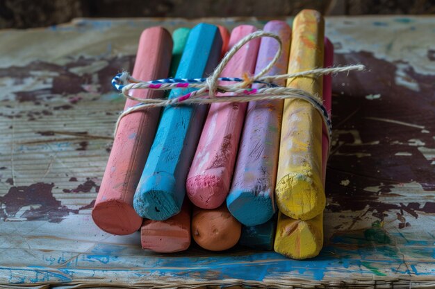 Un paquete de tallas de colores atadas con una cuerda en una mesa rústica