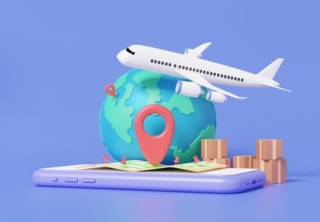 Paquete a través de entrega en avión en todo el mundo y caja de paquetes apilados con concepto de servicio de transporte logístico navegación importación de teléfonos móviles Almacenamiento integrado 3d render ilustración