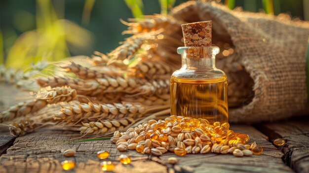 Un paquete de trigo y una botella de aceite de gérmen de trigo gotas doradas