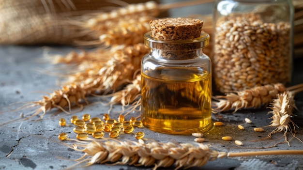 Un paquete de trigo y una botella de aceite de gérmen de trigo gotas doradas