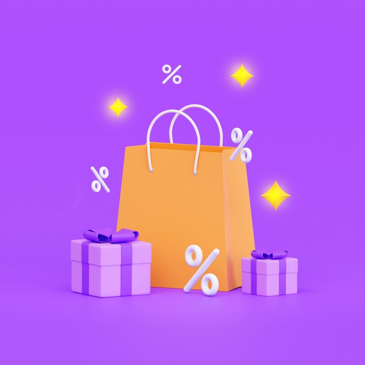 Paquetes 3d con regalos navideños con estrellas brillantes y signo de porcentaje Black Friday Sale 3d render