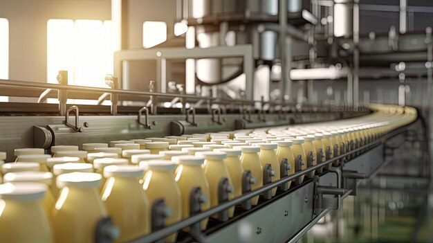 Paquetes de alimentos lácteos se mueven en una línea transportadora en la fábrica Botellas con leche