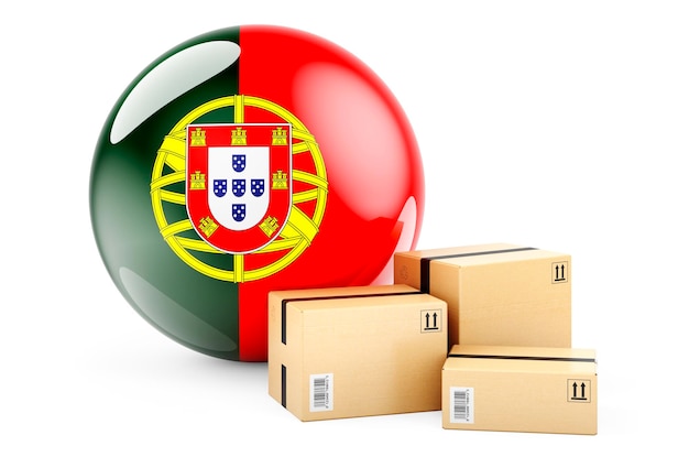 Paquetes con bandera portuguesa Envío y entrega en Portugal concepto 3D rendering aislado sobre fondo blanco.