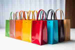 Foto los paquetes de compras brillantes con asas crean una colorida exhibición minorista