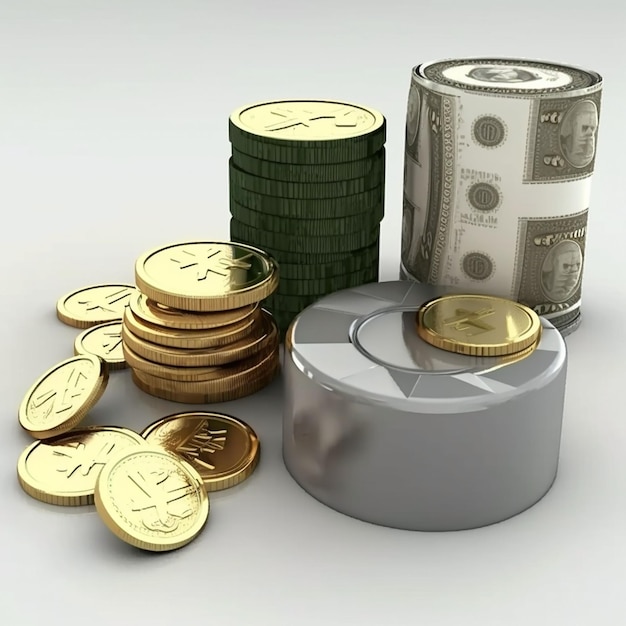 Paquetes de efectivo y monedas flotantes alrededor sobre fondo blanco concepto de sociedad sin efectivo de ahorro de dinero ilustración de renderizado 3d