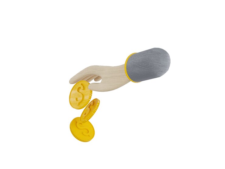Los paquetes de efectivo y monedas flotantes establecen los iconos de color amarillo sobre fondo gris ilustración 3D Render