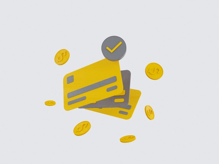 Los paquetes de efectivo y monedas flotantes establecen los iconos de color amarillo sobre fondo gris ilustración 3D Render