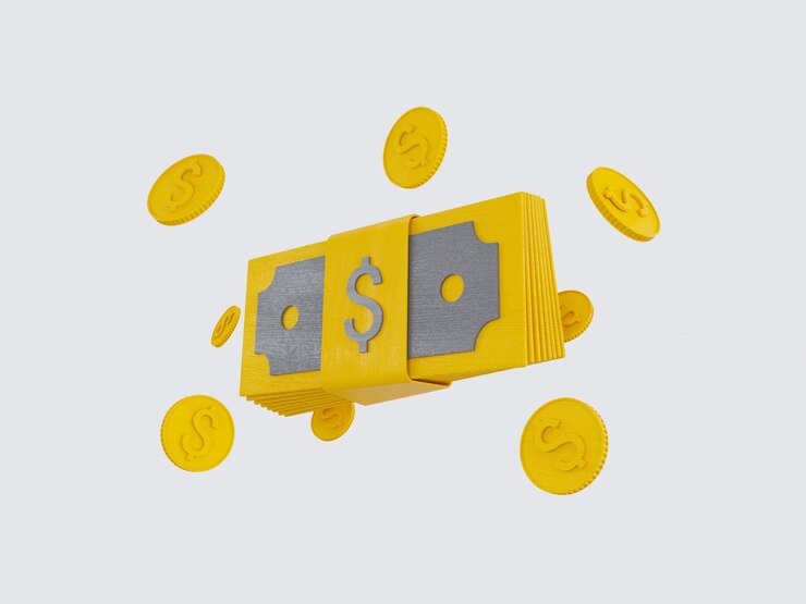 Los paquetes de efectivo y monedas flotantes establecen los iconos de color amarillo sobre fondo gris ilustración 3D Render