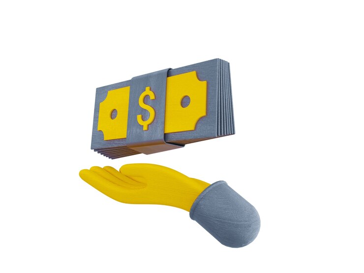 Los paquetes de efectivo y monedas flotantes establecen los iconos de color amarillo sobre fondo gris ilustración 3D Render