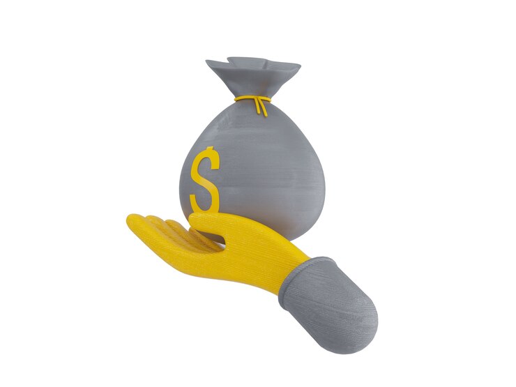 Los paquetes de efectivo y monedas flotantes establecen los iconos de color amarillo sobre fondo gris ilustración 3D Render