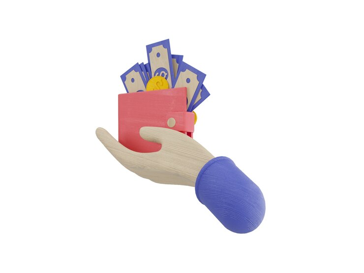 Paquetes de efectivo y monedas flotantes establecen ikons fondo rosa azul ilustración 3d