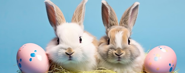 Un par de adorables conejitos de Pascua saltan y juegan rodeados de colores brillantes y hermosos