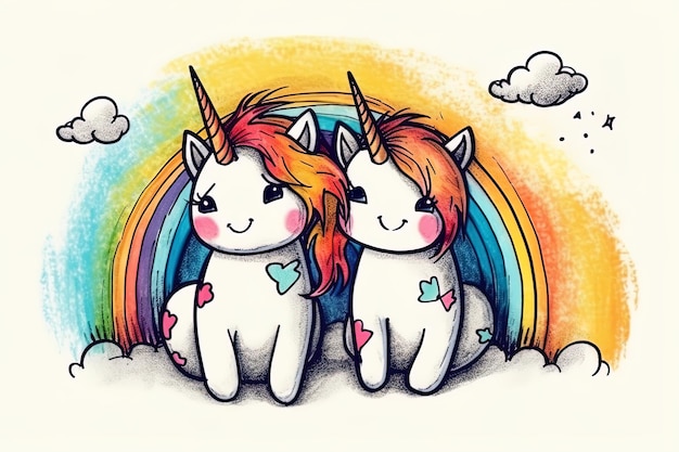 Par de adorables unicornios azul claro y rosa Aislados en el fondo de los colores del arco iris