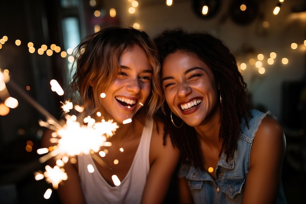 Un par de amigos sonrientes y divertidos celebran y se divierten con chispas y luces bengalíes en un entorno de estudio listo para la fiesta