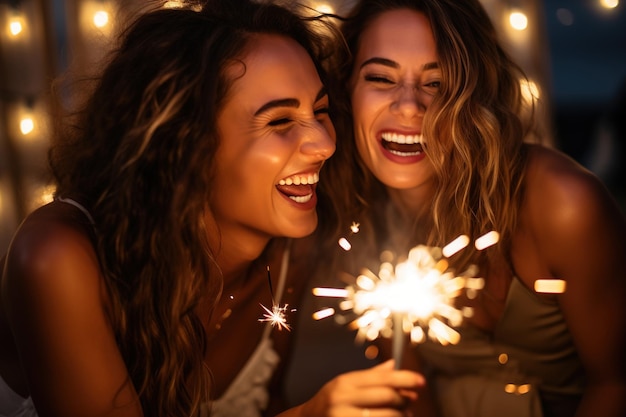 Un par de amigos sonrientes y divertidos celebran y se divierten con chispas y luces bengalíes en un entorno de estudio listo para la fiesta