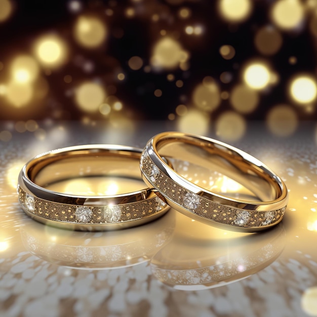 Un par de anillos de boda dorados con diamantes en un fondo dorado