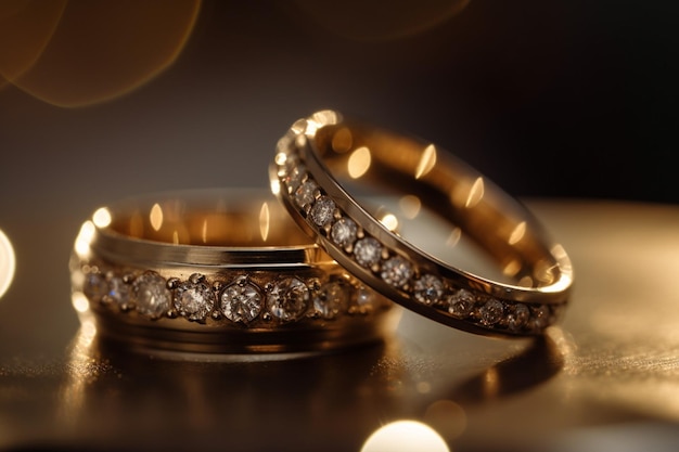 Un par de anillos de boda dorados con fondo bokeh