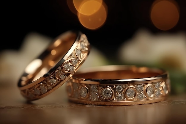 Un par de anillos de boda dorados con la palabra amor en la parte superior