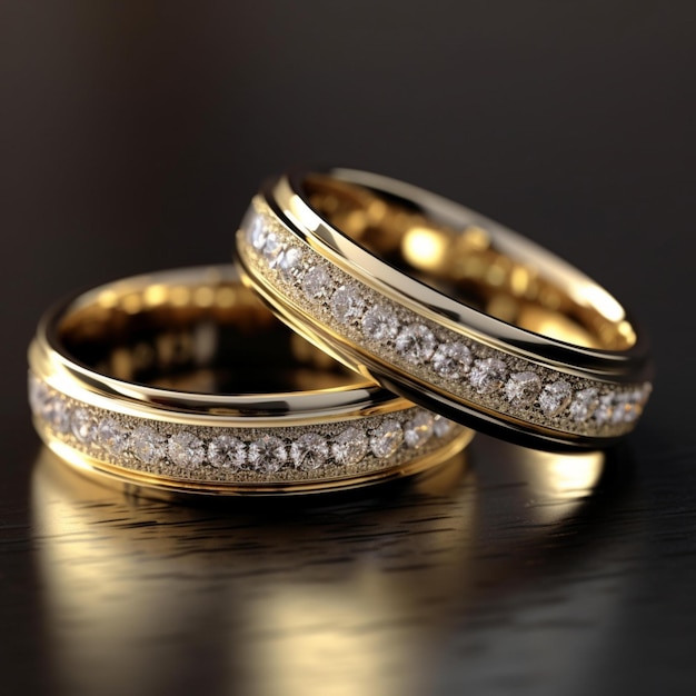 un par de anillos de boda de oro con diamantes