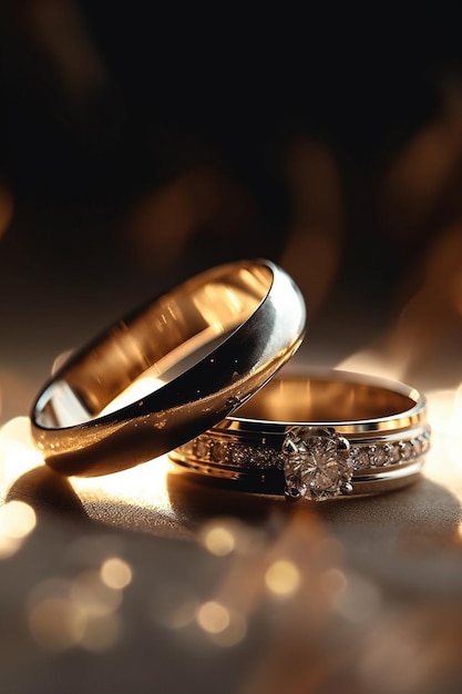 un par de anillos de bodas con una banda de oro.