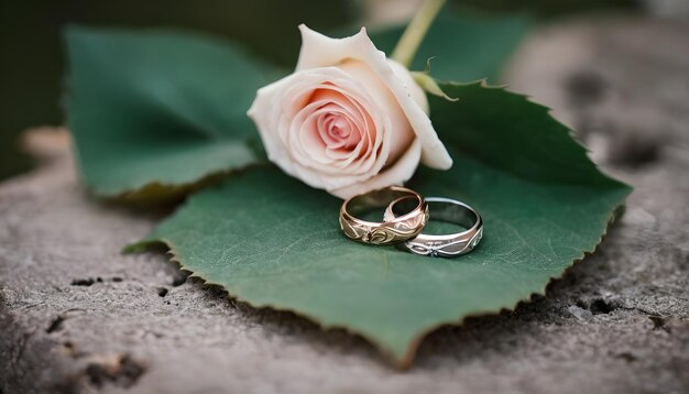 Un par de anillos de bodas en hojas al aire libre