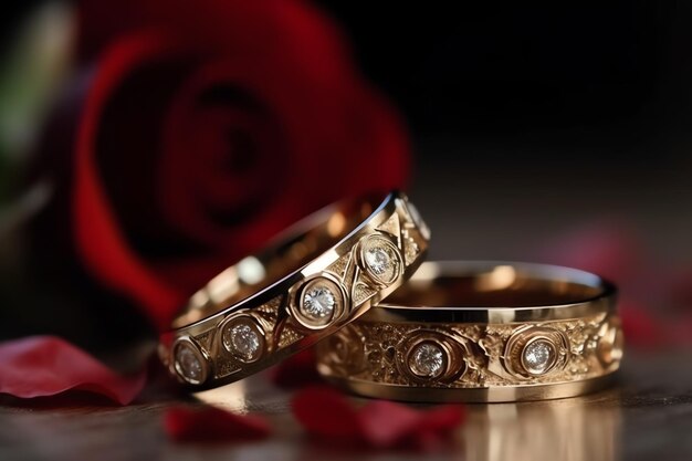 Un par de anillos de bodas de oro con diamantes.