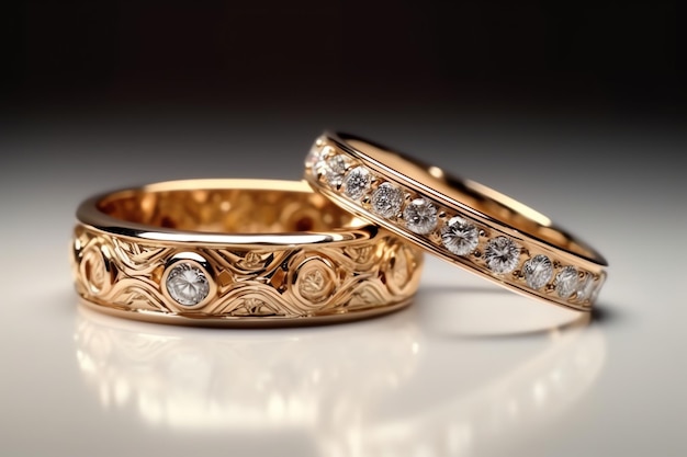 Un par de anillos de bodas de oro con diamantes.