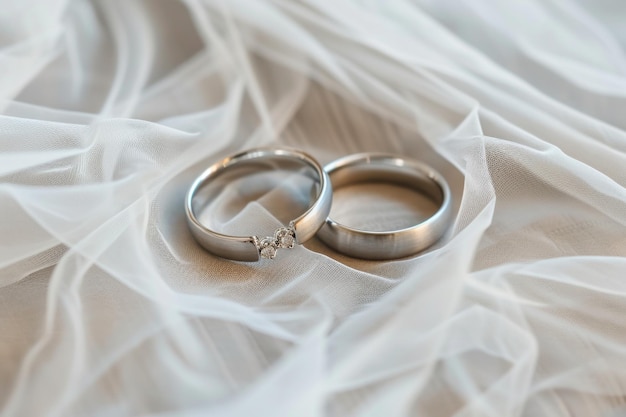 Un par de anillos de bodas en un velo blanco