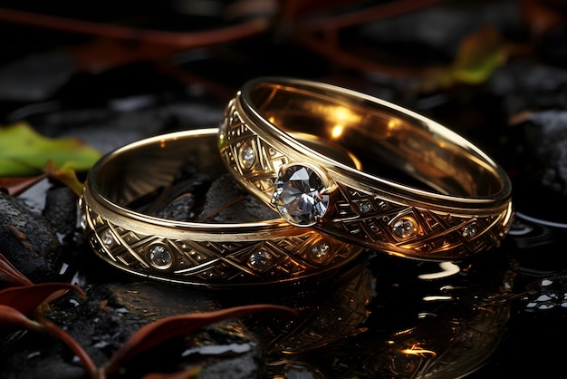 Un par de anillos de oro con diamantes en ellos.