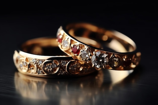 Un par de anillos de oro con diamantes y rubíes.