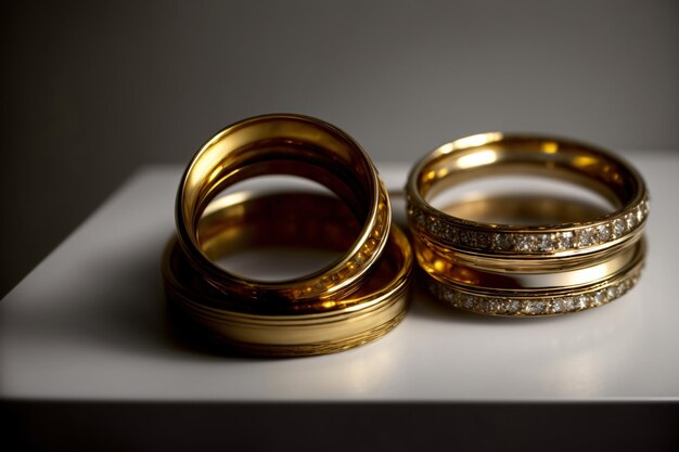 un par de anillos de oro sentado encima de una mesa