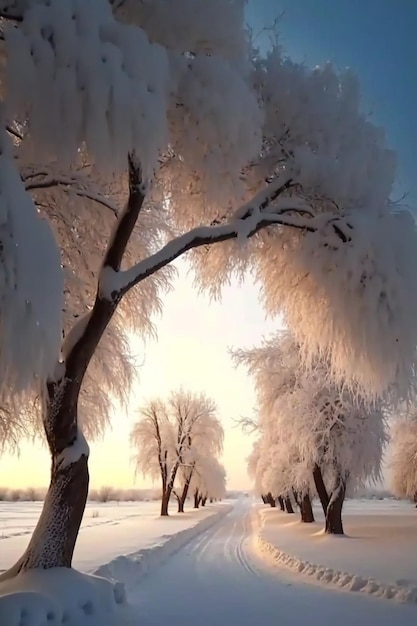 Un par de árboles que están parados en la nieve generativa ai.