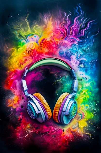 Un par de auriculares colocados encima de un papel tapiz con los colores del arcoíris IA generativa