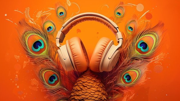 Un par de auriculares están sobre un fondo naranja con un pavo real en la parte posterior.