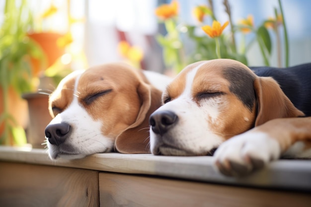 Un par de beagles dormidos en un jardín soleado