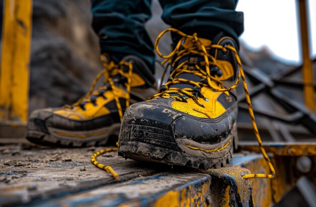 un par de botas amarillas y negras en un fondo oscuro