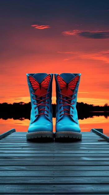 un par de botas azules con botas de mariposa rojas en un muelle con un fondo de puesta de sol