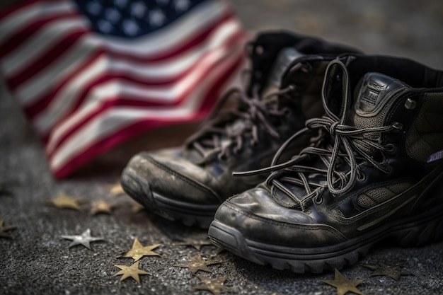 Un par de botas con la bandera americana en el suelo.