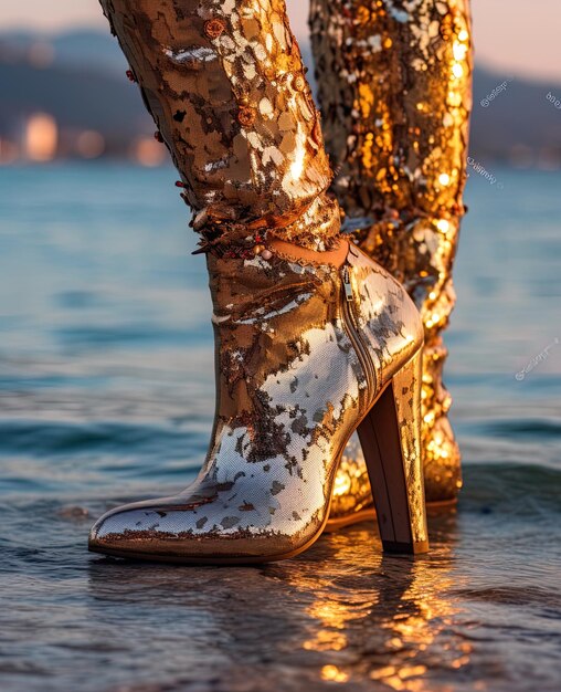 Foto un par de botas con brillo dorado y un fondo de acuarela