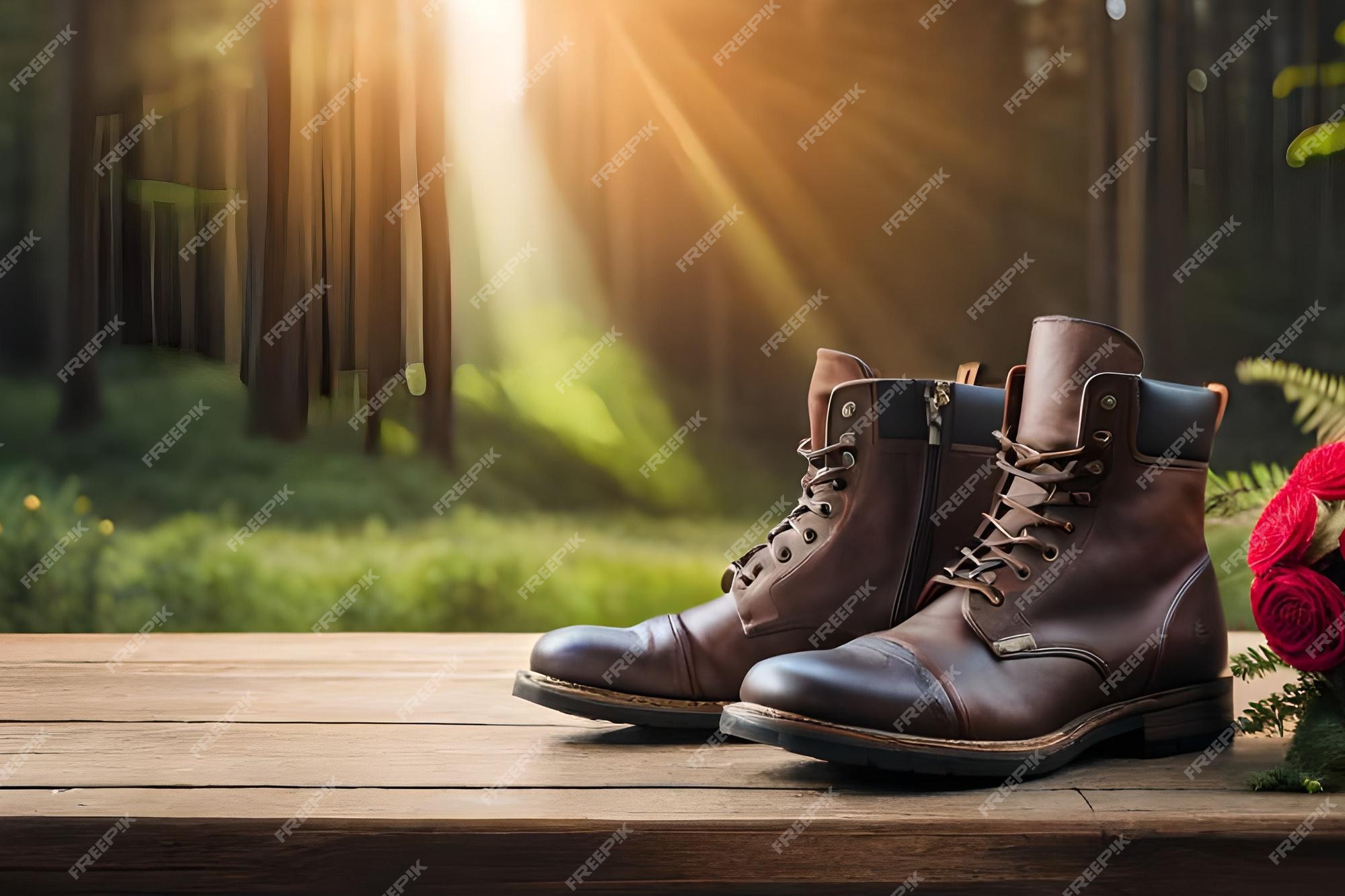 Un par de botas de cuero están sobre una plataforma de madera en bosque. | Foto Premium