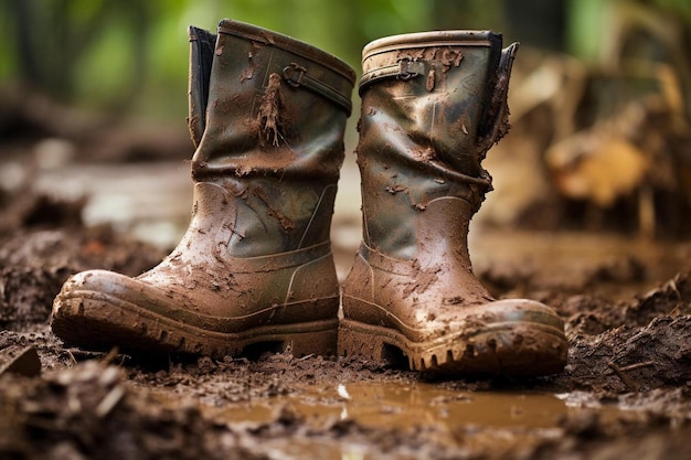 un par de botas fangosas están de pie en el barro.