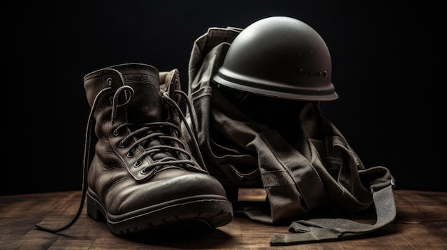 Un par de botas y guantes están sobre una mesa.