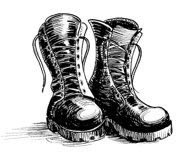 Foto par de botas militares. dibujo a tinta en blanco y negro