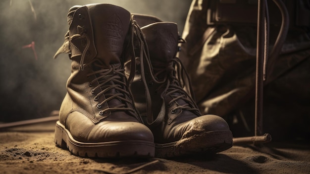 Un par de botas militares están sobre una superficie de arena.