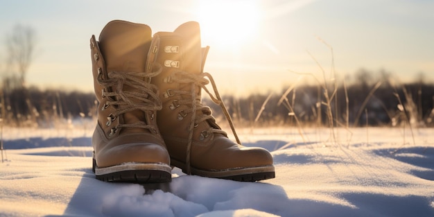 Un par de botas en la nieve con el sol brillando sobre ellas