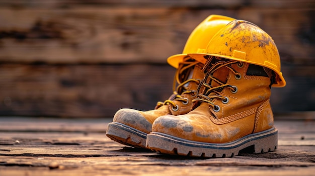 Foto un par de botas de trabajo desgastadas y un sombrero duro en una superficie de madera