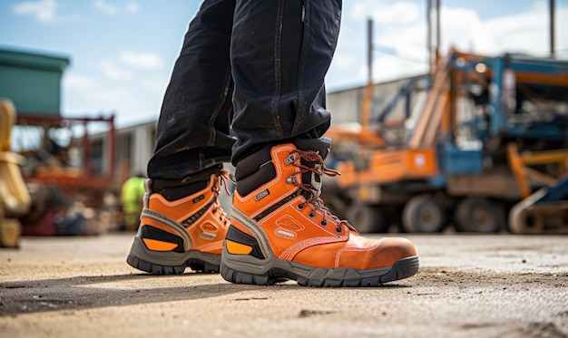 Foto un par de botas de trabajo naranjas en un sitio de construcción